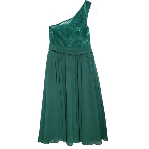 Azazie One Shoulder A-Line Midi Dress Lace Bodice Flowy Lined Green Festive - Picture 3 of 11